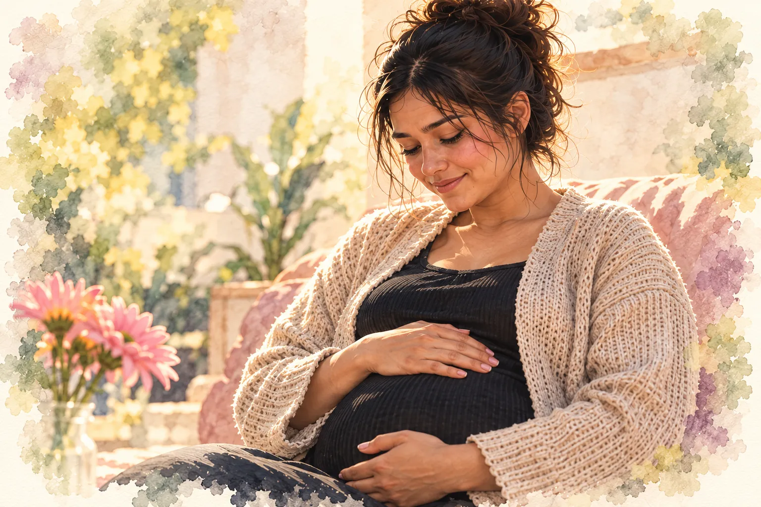 Watercolor illustration of an expectant mother smiling with her hands resting on her belly, with pink flowers beside her.
