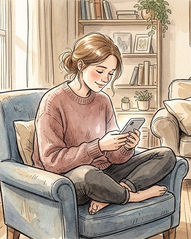 Watercolor illustration of a young woman curled up in an armchair at home, reading a message on her phone.