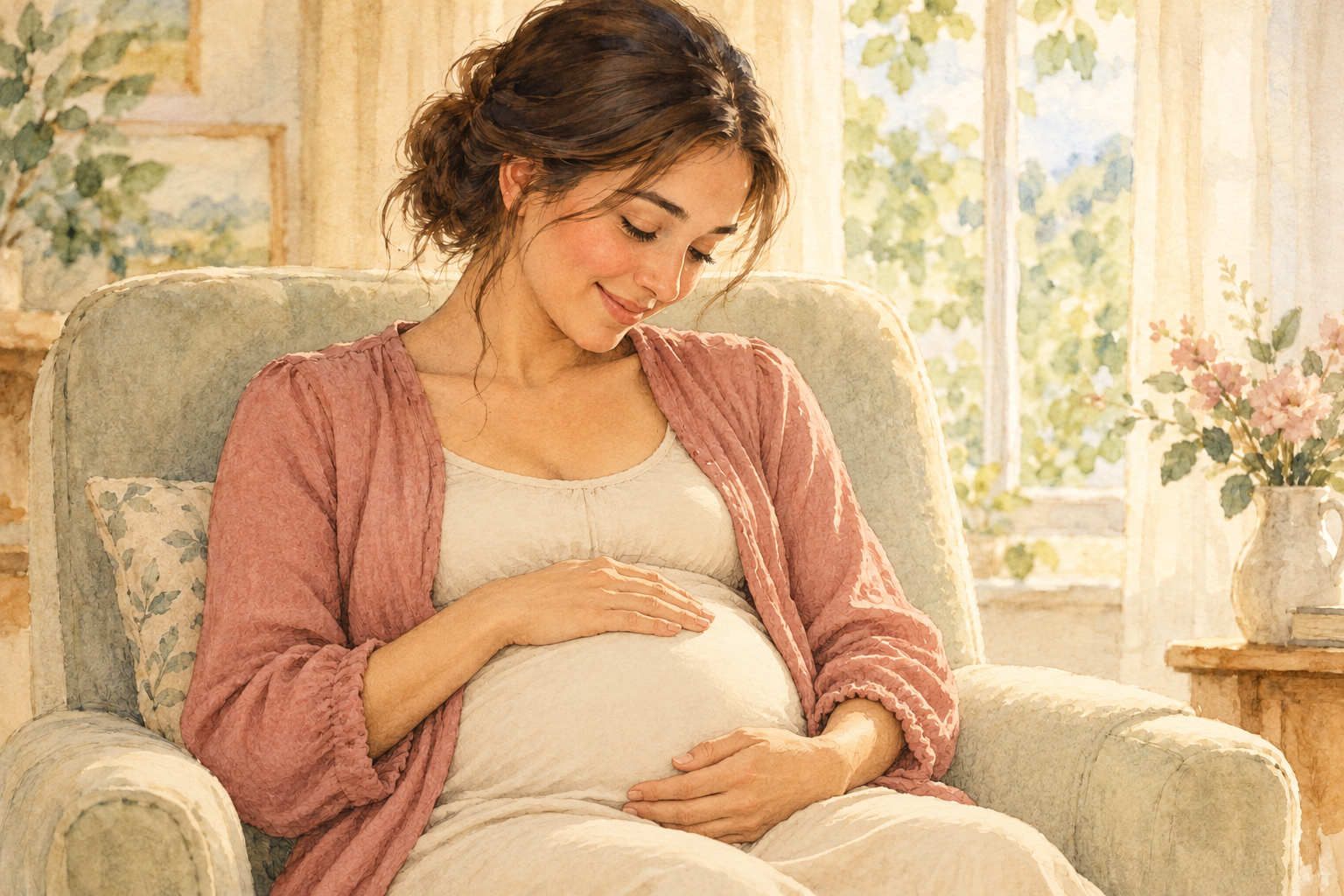 Illustration of a young pregnant woman seated with both hands on her belly.
