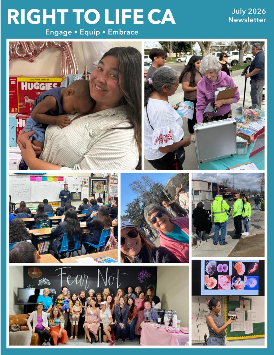 Portada del boletín impreso de julio 2026 de Right to Life CA, un collage de fotos de alcance, salón de clases y baby shower